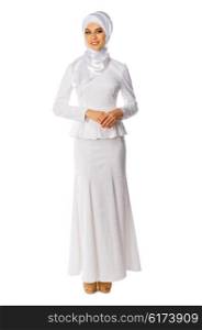 Muslim woman in white dress isolated