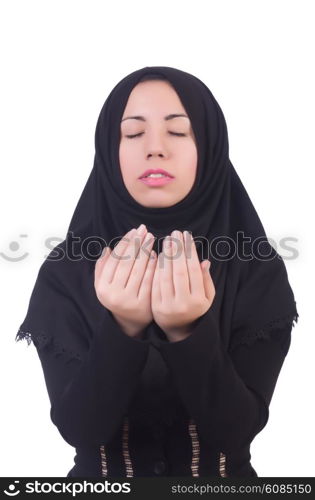 Muslim woman praying isolated on white