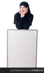 Muslim woman with blank board on white