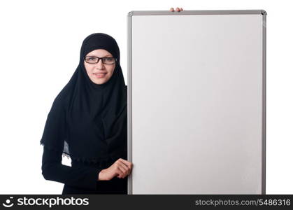 Muslim woman with blank board on white