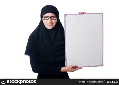 Muslim woman with blank board on white