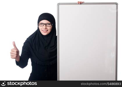 Muslim woman with blank board on white