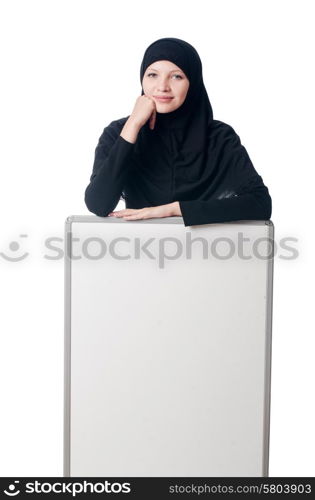 Muslim woman with blank board on white