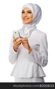 Muslim woman with phone isolated
