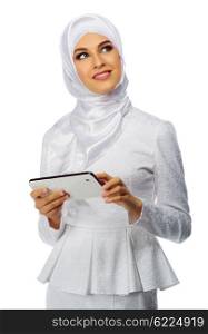 Muslim woman with tablet PC isolated