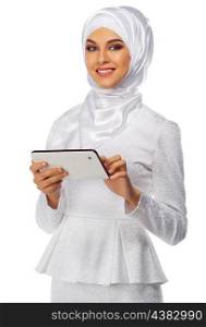 Muslim woman with tablet PC isolated on white