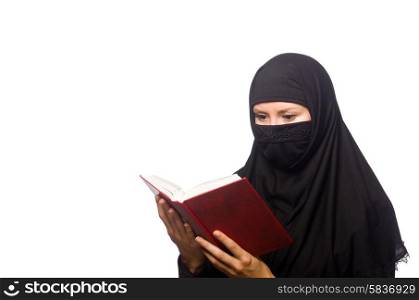 Muslim womanwith book isolated on the white