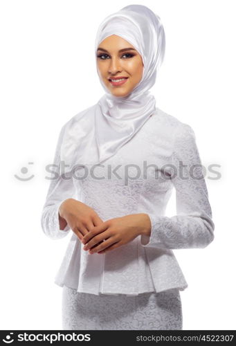 Muslim young girl on white isolated