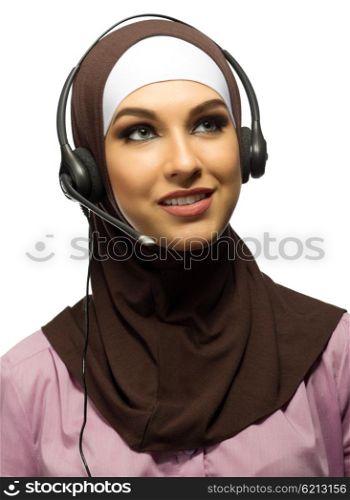 Muslim young woman call center worker isolated
