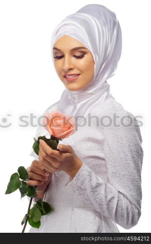 Muslim young woman on white