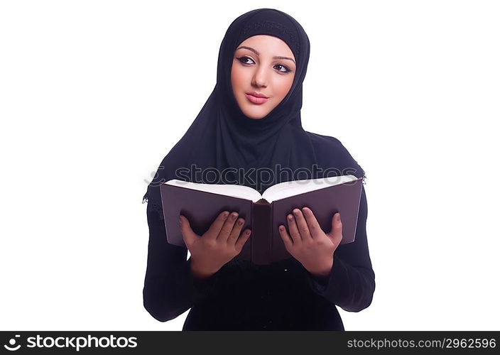 Muslim young woman wearing hijab on white