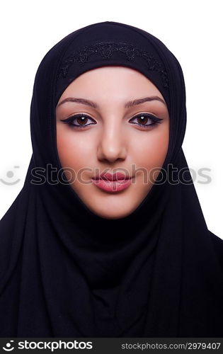 Muslim young woman wearing hijab on white