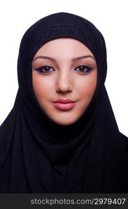 Muslim young woman wearing hijab on white