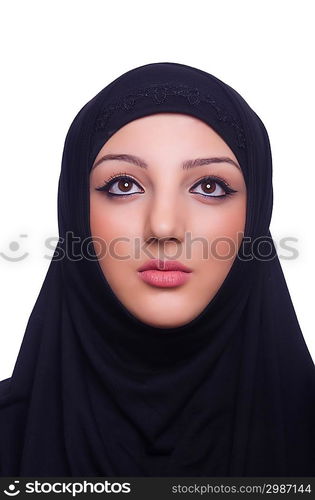 Muslim young woman wearing hijab on white