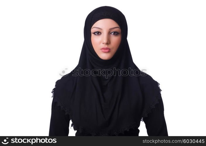 Muslim young woman wearing hijab on white