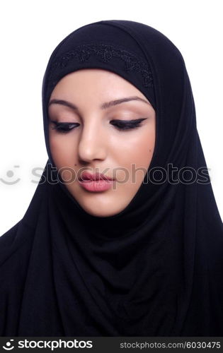 Muslim young woman wearing hijab on white