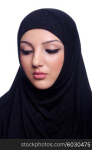 Muslim young woman wearing hijab on white