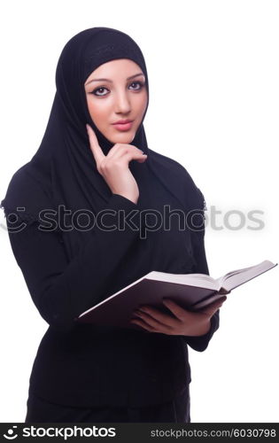 Muslim young woman wearing hijab on white