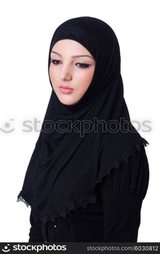 Muslim young woman wearing hijab on white