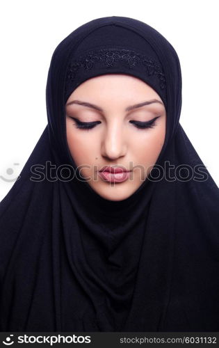 Muslim young woman wearing hijab on white