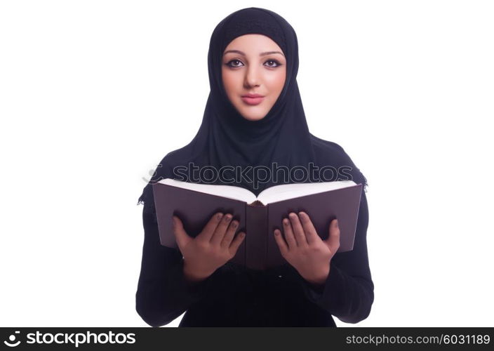 Muslim young woman wearing hijab on white