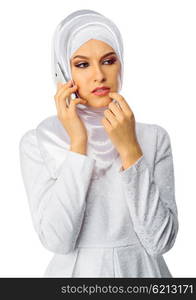 Muslim young woman with mobile phone isolated