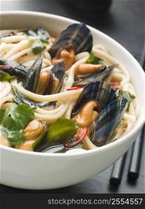 Mussels and Udon Noodles in Chili Soy Broth