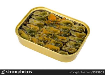 Mussels in a tin isolated on white