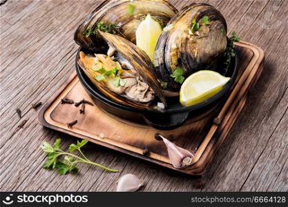 Mussels in pan with lemon and herbs.Clams in the shells. Delicious seafood mussels
