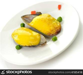mussels under cheese , close up on white background