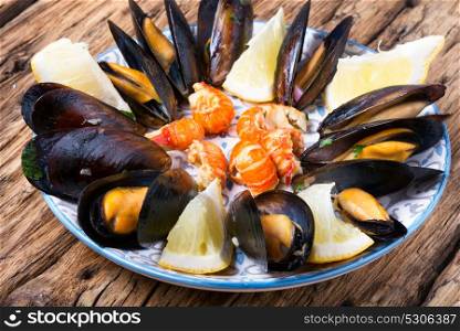 mussels with lemon. appetizer mussels in shell with lemon on wooden background