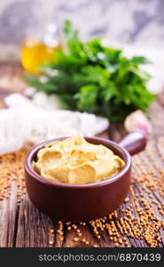 mustard in bowl and on a table