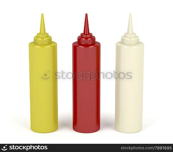 Mustard, ketchup and mayonnaise in plastic bottles