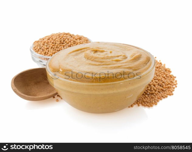 mustard sauce in bowl isolated on white background