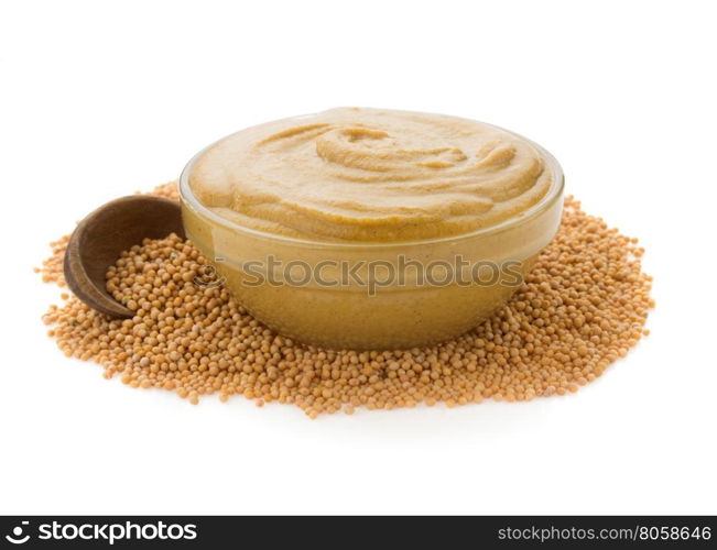 mustard sauce in bowl isolated on white background