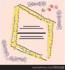 Mustard yellow rhombus texture frame in 3D with text and pink tulips. Pink background. Home decoration, poster, banner, print, textile design element. Vector illustration. . Rhombus texture frame with text.