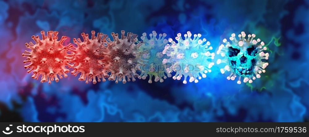 Mutating virus concept and new coronavirus b.1.1.7 variant outbreak or covid-19 viral cell mutation and influenza background as dangerous flu strain medical health risk with disease cells as a 3D render.