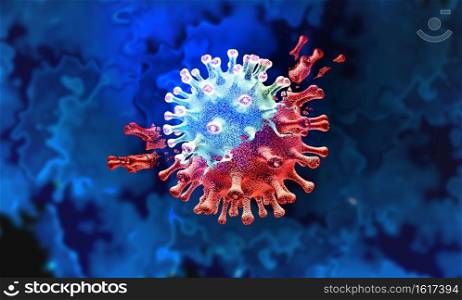Mutating virus concept and new coronavirus variant outbreak or covid-19 viral cell mutation and influenza background as dangerous flu strain medical health risk with disease cells as a 3D render.