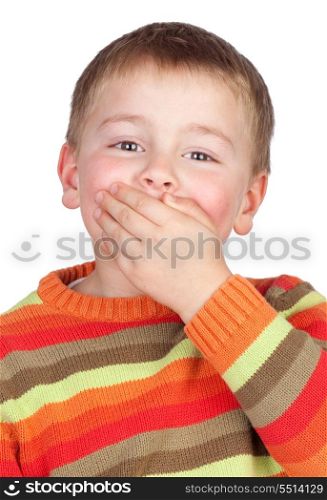 Mute child with blond hair isolated on white background