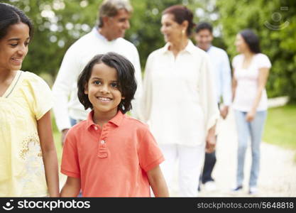 Muti-Generation Indian Family Walking In Countryside