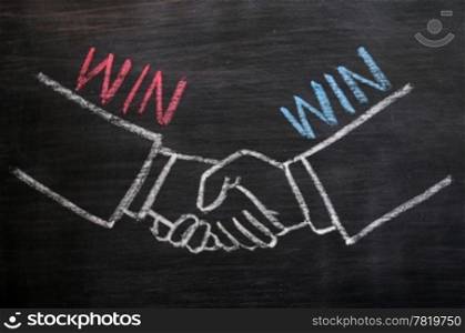 Mutual benefit or win-win concept of handshaking drawn with chalk on a blackboard