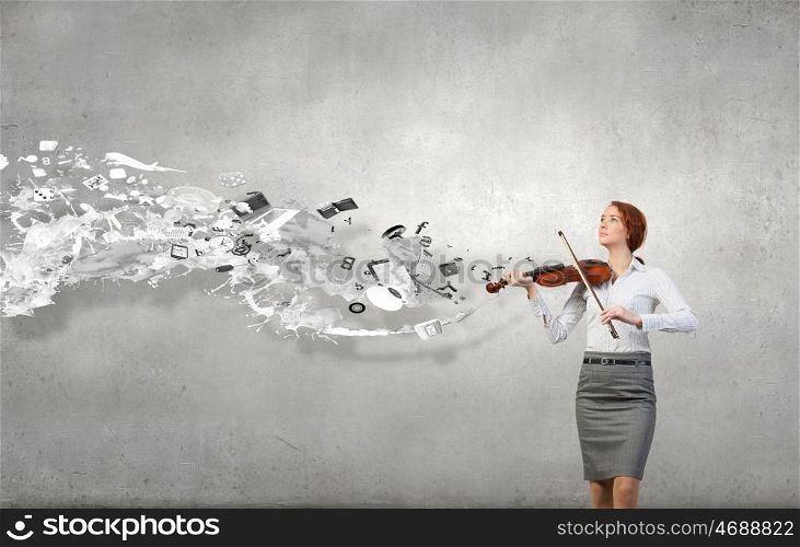 My business melody. Young businesswoman on cement background playing violin
