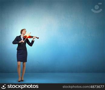 My business melody. Young businesswoman on colorful background playing violin
