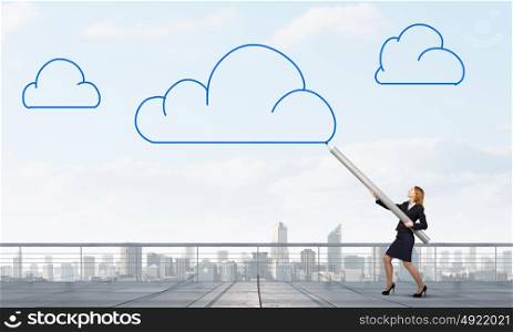 My great idea. Businesswoman drawing cloud in sky with huge pencil