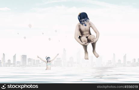 My great summer vacation. Kid boy in diving mask making jump in to water