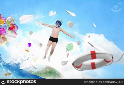 My great summer vacation. Kid boy in diving mask making jump in to water. Elements of this image are furnished by NASA