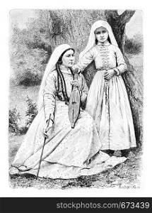 My Hostess and Her Daughter in Zugdidi, Georgia, drawing by Sirouy based on a photograph, vintage illustration. Le Tour du Monde, Travel Journal, 1881