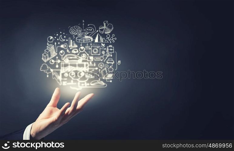 My strategy. Businessman hand presenting business idea sketch on palm