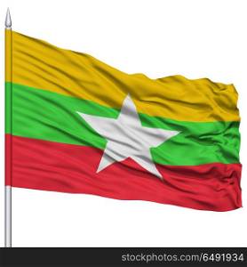 Myanmar Flag on Flagpole , Flying in the Wind, Isolated on White Background