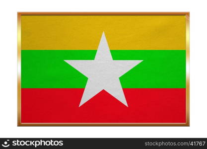 Myanmar national official flag. Patriotic symbol, banner, element, background. Correct colors. Flag of Myanmar , golden frame, fabric texture, illustration. Accurate size, color